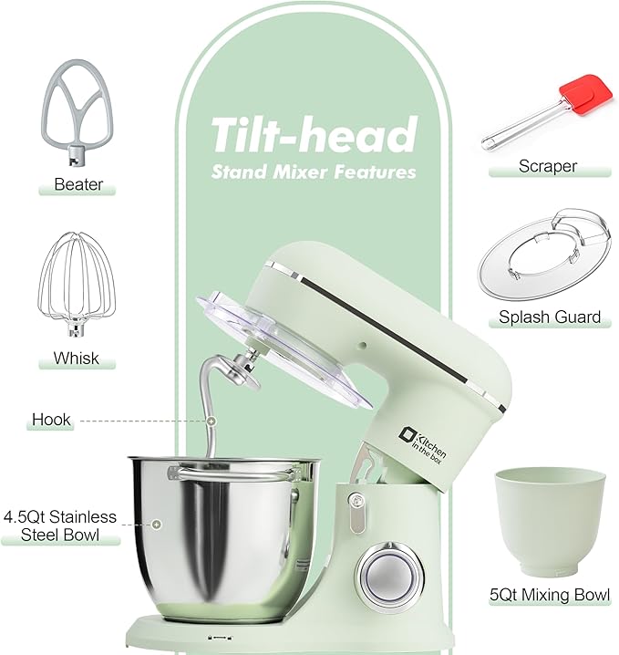 Kitchen in the box Stand Mixer, 4.5QT+5QT Two bowls Electric Food Mixer, 10 Speeds 3-IN-1 Kitchen Mixer for Daily Use with Egg Whisk,Dough Hook,Flat Beater (Pastel Green, 5QT)
