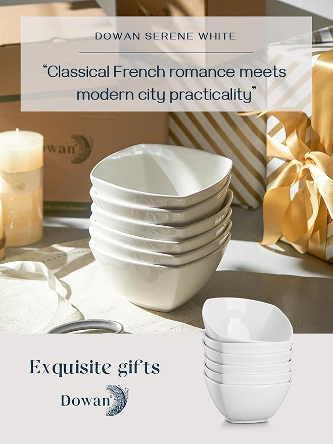 DOWAN Porcelain Soup Bowls Set of 6, 27 OZ Ceramic Square Cereal Bowls, Soft White Bowl, for Ice Cream and Dessert Snack, Wedding Party Gift, Microwave Safe Bowl