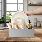 Wood Utensil Holder for Party, 6-Compartment Paper Plate Organizer with Handles, Wooden Silverware Caddy for Picnic, Camping, BBQ, Buffet, and Kitchen Countertop Organization, Gray