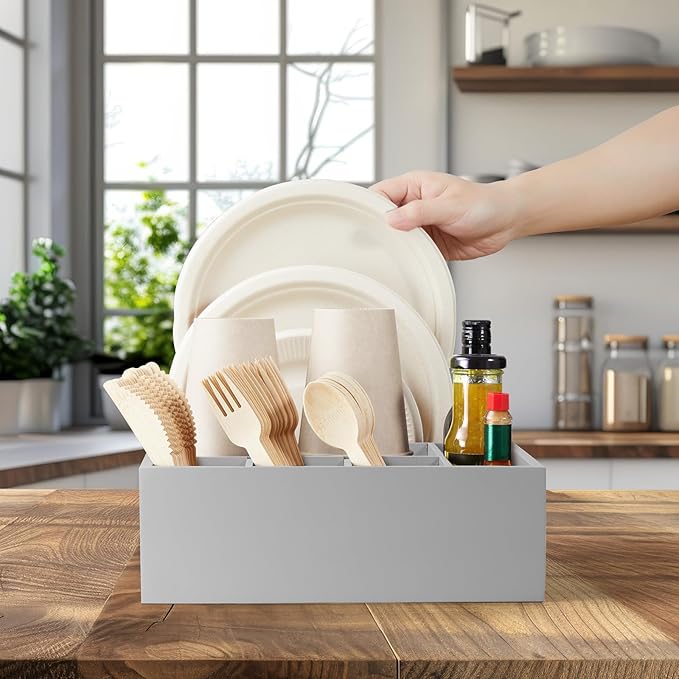 Wood Utensil Holder for Party, 6-Compartment Paper Plate Organizer with Handles, Wooden Silverware Caddy for Picnic, Camping, BBQ, Buffet, and Kitchen Countertop Organization, Gray
