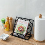 MyGift Black Metal Cookbook Holder Stand with Decorative Cookbook Word Cutout and Tree Silhouette Design, Countertop Recipe Book Tablet Easel Holder with Folding Kickstand (Art Deco)