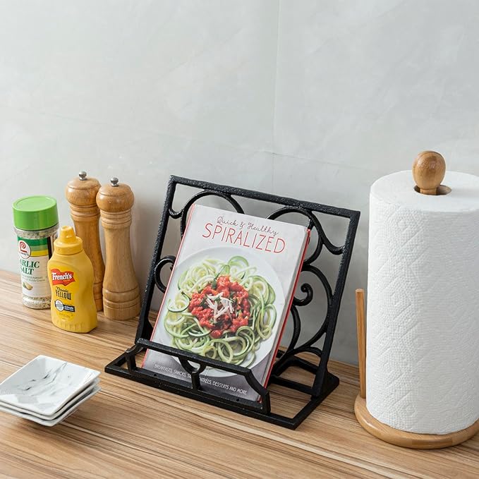 MyGift Black Metal Cookbook Holder Stand with Decorative Cookbook Word Cutout and Tree Silhouette Design, Countertop Recipe Book Tablet Easel Holder with Folding Kickstand (Art Deco)