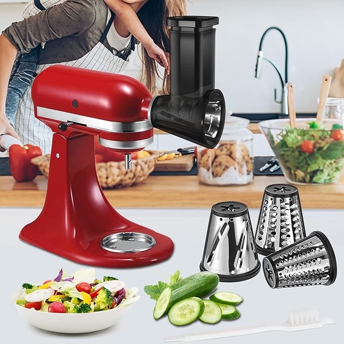 Slicer Shredder Attachments for KitchenAid Stand Mixer Cheese Grater Vegetable Chopper Salad Shooter Grater Food Slicer Accessories for KitchenAid with 4 Blades