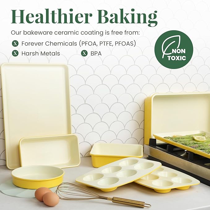 Larder & Vine 8-Piece Bakeware Set | Non-Stick Baking Set with Ceramic Finish | PFAS, PFOA, PTFE, and BPA Free Baking Essentials | Baking Sheets, Muffin Tins and Assorted Baking Pans | Limoncello