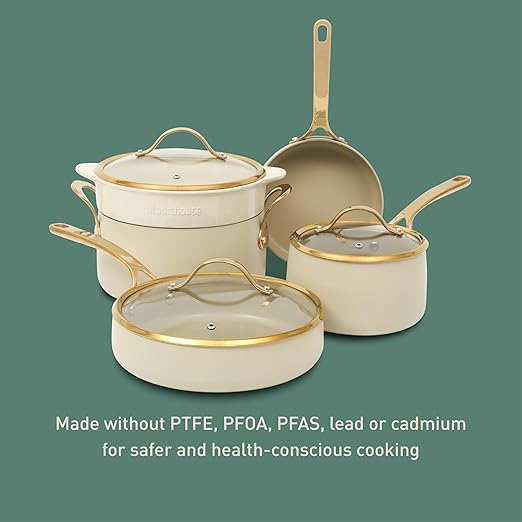 bloomhouse - Two Time Oprah's Favorite Things Winner - 8 Piece Pots and Pans Heavy Duty Aluminum Premium PFA Free Ceramic Nonstick Cookware Set - Almond Cream w/Gold Handle