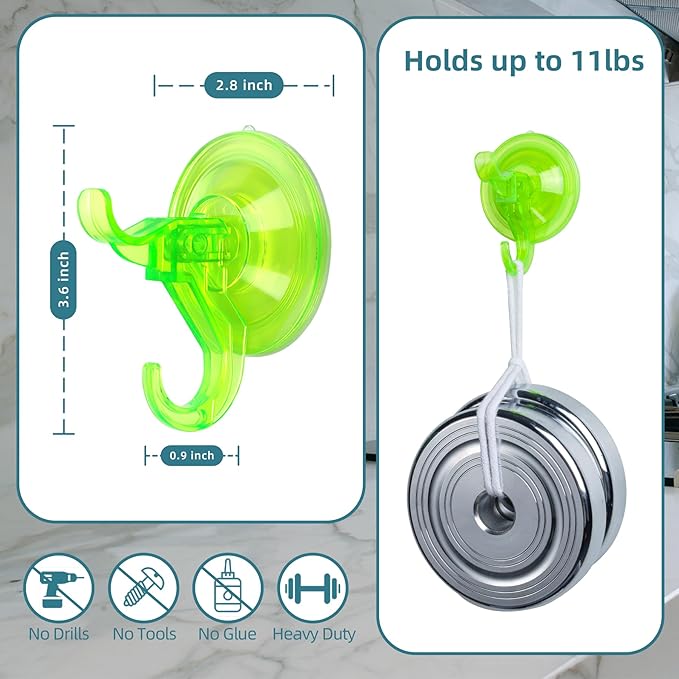 Clear Suction Cup Hanger, 5 Pack Removable Small Suction Cups for Shower, Bathroom, Glass, Door, Windows, Kitchen - Up to 11 lbs on Smooth Surface - 2 Hooks Design (Transparent Green)