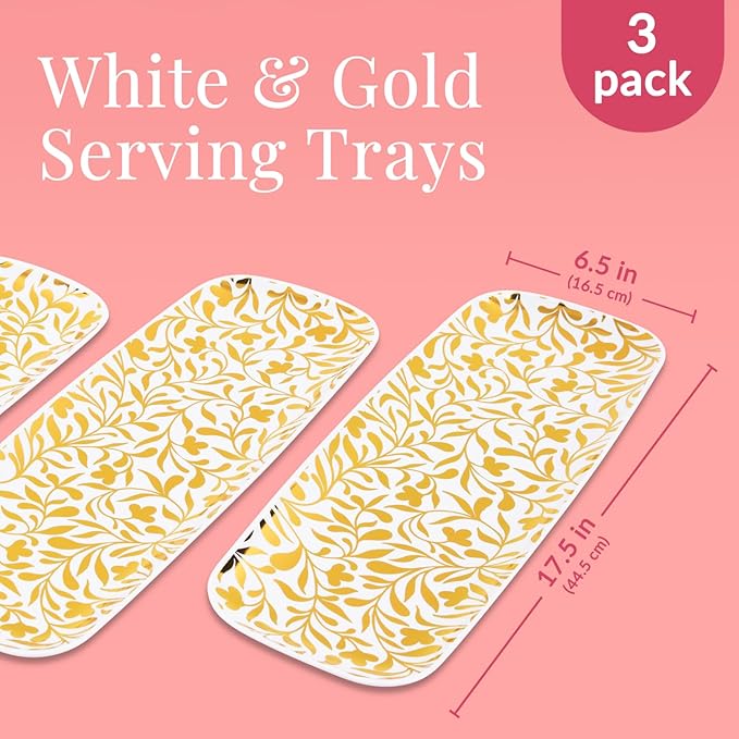 Prestee Disposable Gold Serving Trays for Parties, 3 Pack - Elegant Plastic Trays for Serving Food, 13x9 In. Dessert Platters, Gold Platters for Weddings, Holiday Events, Buffets, and Dessert Tables