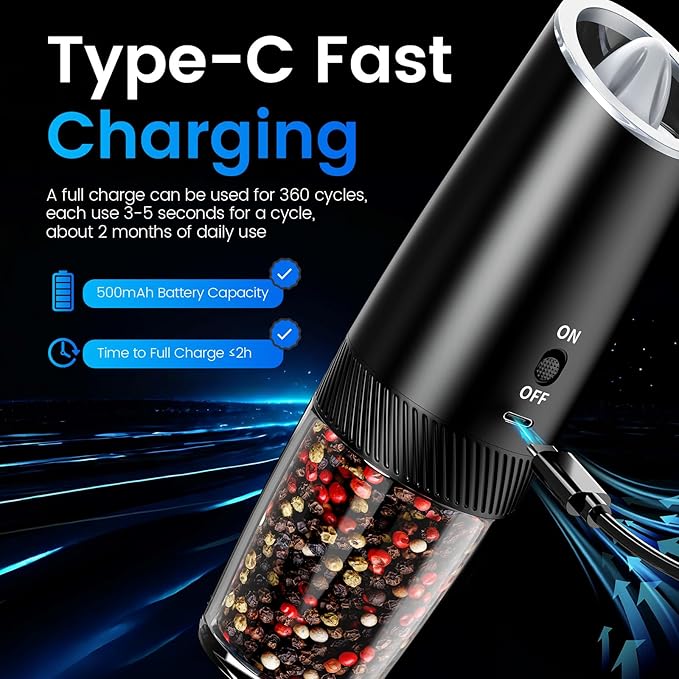 Rechargeable Gravity Electric Salt and Pepper Grinder Set with LED Light, Type-C Fast Charging, Adjustable Coarseness, Large Capacity Grinder for Kitchen, Restaurant & Outdoor, (2 Pack)