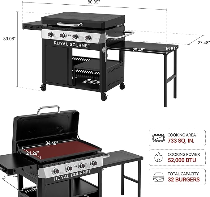 Royal Gourmet GB4008T 4 Burner Propane Gas Griddle with Pull-Out Expandable Table & Foldable Side Shelf, 34-Inch Flat Top Grill with Hood for Outdoor Cooking & Backyard Barbecue, Black