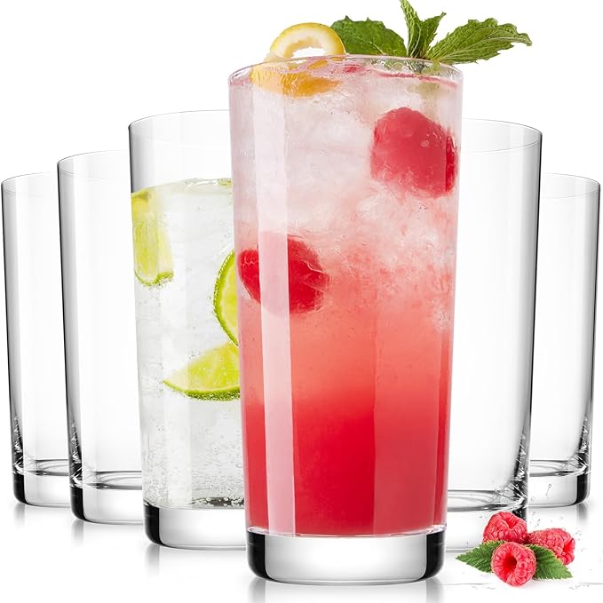 Drinking Water Glasses Set of 6, 16oz Highball Glasses, Lead-Free Crystal Glassware with Unique Wide Mouth, Thoughtful Gifts for House Warming, Birthdays, Everyday Life
