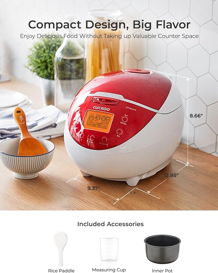 Cuckoo CR-0655F Rice Cooker & Warmer, 6 cups, LCD Display 11-Menu Options - White, Turbo, Mixed, and Brown/GABA Rice, Porridge, Steam Multi Cook, My Mode, 16-Various Cooking Methods, Sm, Red/White