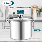 E-far 10 Quart Stock Pot, Large Tri-Ply Stainless Steel Soup Pot with Glass Lid and Riveted Handles, Tall Induction Cooking Pot for Canning/Simmering/Stewing, Heavy Duty & Dishwasher Safe