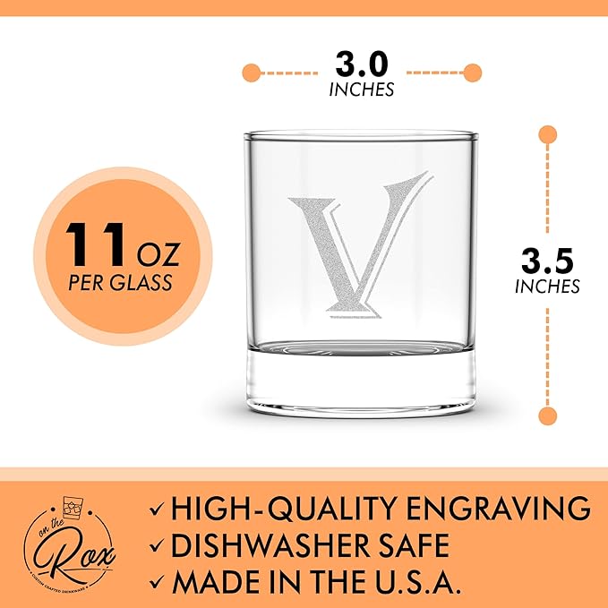Monogrammed Gifts for Men - 4PC 11 Oz Custom Whiskey Glasses (V-Monogram) - Engraved Whiskey Glasses - Personalized Whiskey Glasses - Unique Bourbon Glasses - Personalized Glass Gifts for Dad