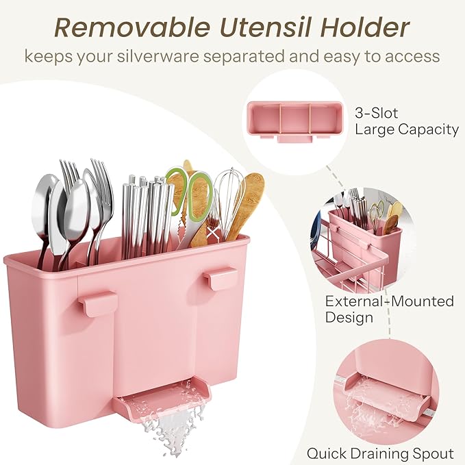 Dish Drying Rack - Small Dish Rack for Kitchen Counter, Stainless Steel Dish Drainer with Utensil Holder and Drainboard (Pink)