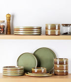 TheTerra Ceramic Dinnerware Sets for 6, 18 Pieces Porcelain Lightweight Plates and Bowls Sets, Scratch Resistant Dish Set, Oven & Microwave & Dishwasher Safe, Brown Green