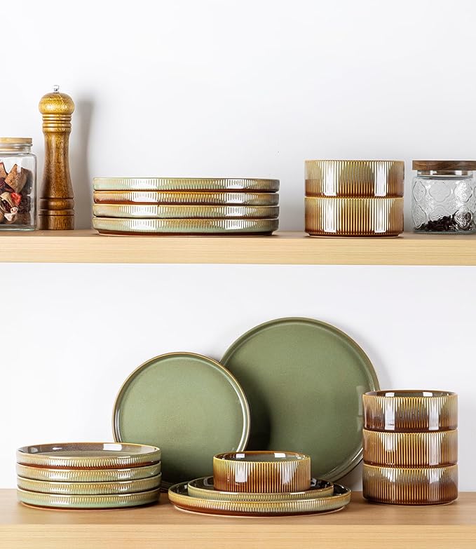 TheTerra Ceramic Dinnerware Sets for 4, 12 Pieces Porcelain Lightweight Plates and Bowls Sets, Scratch Resistant Dish Set, Oven & Microwave & Dishwasher Safe, Brown Green