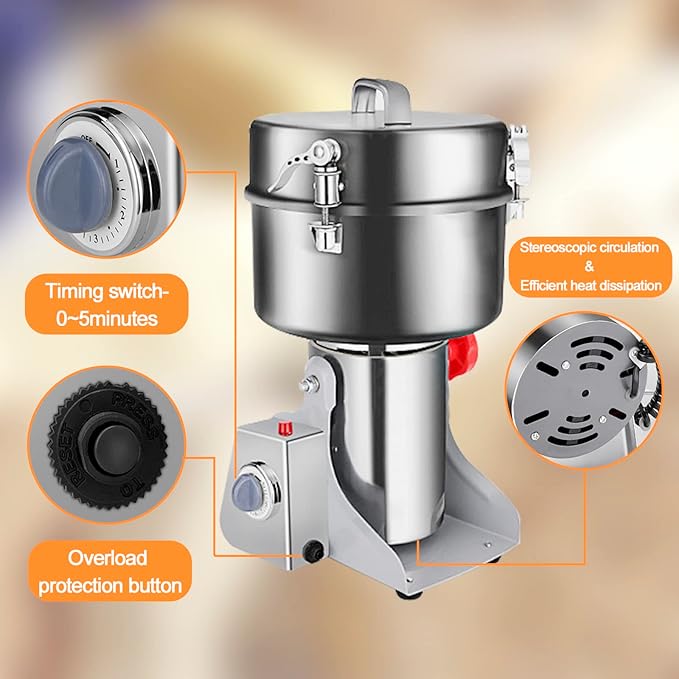 Swing Grain Mill 2500g, Electric Grain Mill, Stainless Steel Mill Grinder 4500W, High-speed Spice Herb Grinder, Commercial Superfine Machine, Dry Cereals Pulverizer 110V