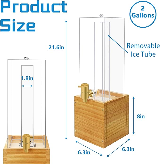 Beverage Dispenser with Stand, 2 Gallon Drink Dispenser, Drink Dispensers for Parties, Individual Ice Container (Wood)