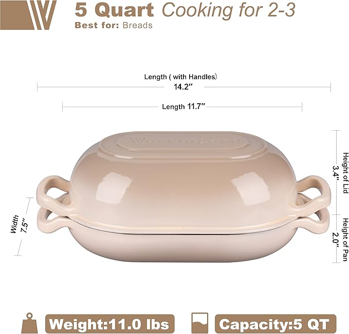 Enameled Cast Iron Sourdough Bread Oven, Dutch Oven, Loaf Cast Iron Bread Pan for Homemade Bread Baking, Meatloaf Pan with Lid, 5QT, Latte