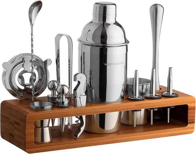 Modern Mixology 21-Piece Cocktail Shaker Set with Stand, Bartender Kit for Home Bar Accessories: 24oz Martini Shaker, Jigger, Strainer, Bar Spoon, Tongs, Opener, Muddler (Silver, Brown Stand)