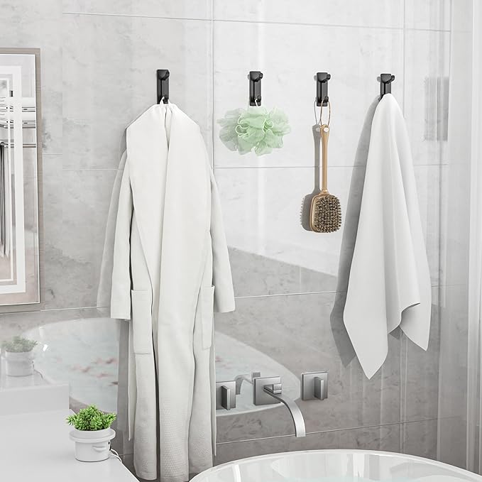 Self Adhesive Wall Hooks for Hanging: Extra Strong 13 LB, Hook for Coat, Towel in Bathrooms, Shower, Kitchen, Wall, Door Hook, Black 6 Pack