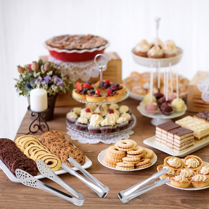 JCREN 12 Pack Mini Tongs - Small Stainless Steel Food Tongs for Serving Appetizers, Tea Party, Coffee, Desserts - 5 inch - Silver