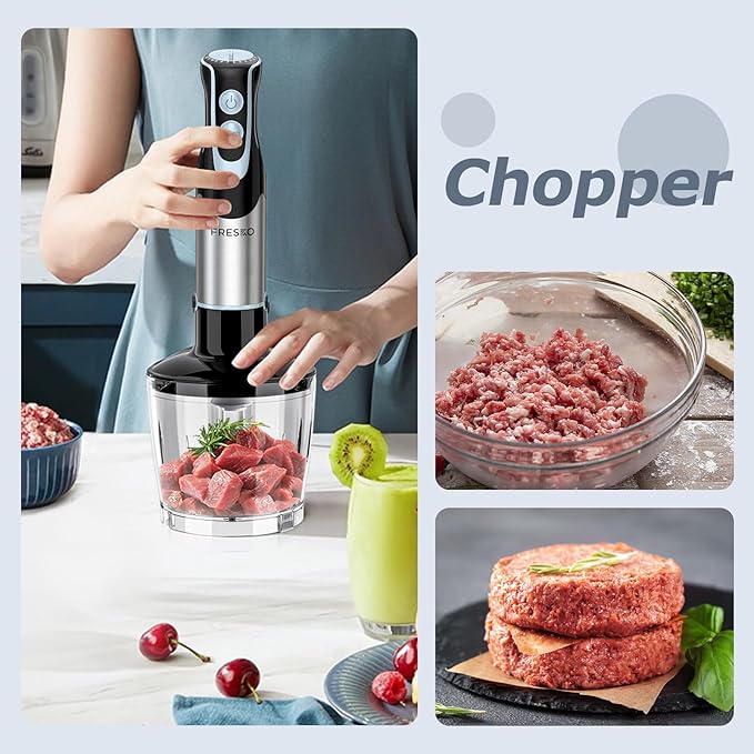 FRESKO Immersion Blender Handheld, 4-in-1 Stainless Steel Hand Electric Stick Mixer with 12-Speeds & Turbo Mode, Powerful 500W Emulsion Blender with Beaker, Chopper & Whisk