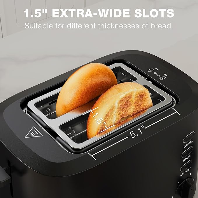 Compact Toaster 2 Slice with 1.5" Extra Wide Slots, Built-in Warming Rack & Removable Crumb Tray, 6 Browning Options, with Defrost/Bagel/Cancel Function - Matte Black