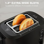 Compact Toaster 2 Slice with 1.5" Extra Wide Slots, Built-in Warming Rack & Removable Crumb Tray, 6 Browning Options, with Defrost/Bagel/Cancel Function - Matte Black