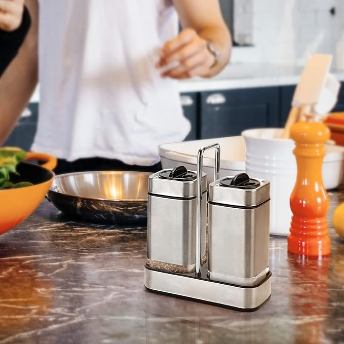 Salt and Pepper Shakers Set with Holder-Stainless Steel Salt Shaker with Adjustable Pour Holes-Set of 2 by Aelga