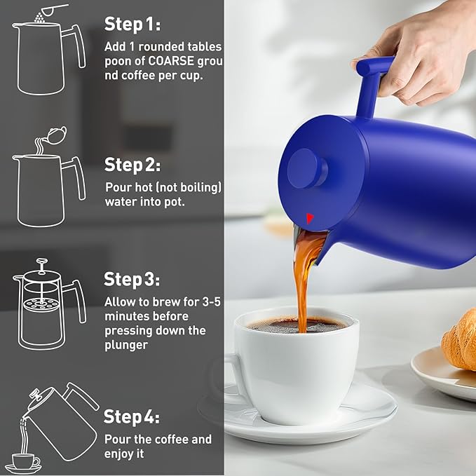 Secura 50oz French Press Coffee Maker – 304 Stainless Steel, Insulated Coffee Press with Extra Filter, Blue