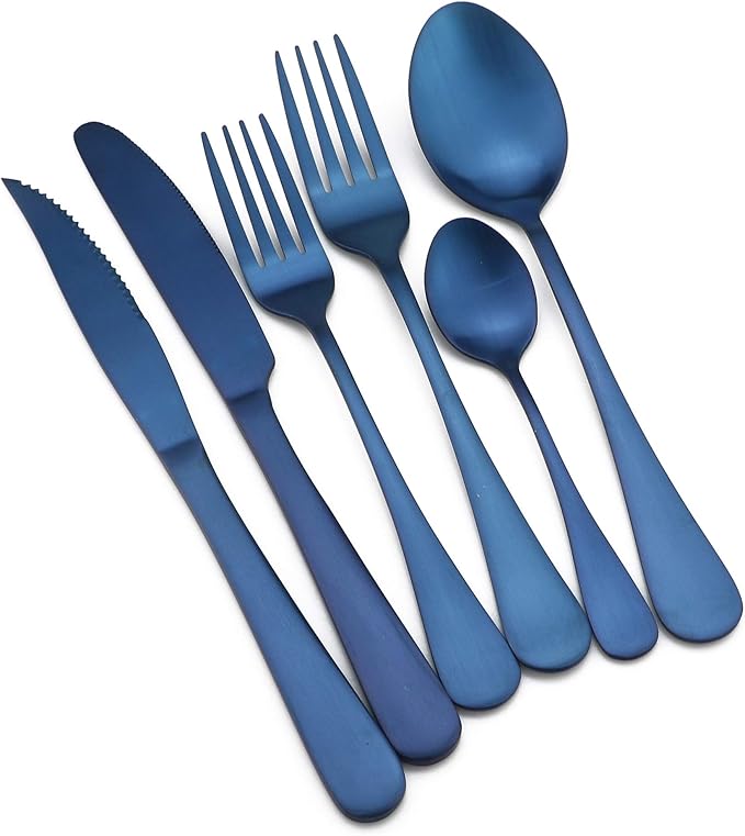 24-Piece Stainless Steel Flatware Set, Matte Colorful Blue Finish, Service for 4