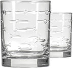 Rolf Glass School of Fish 13 oz Double Old Fashioned Whiskey Cocktail Glass | Set of 2 | Engraved Lead-free Tumbler Glasses | Made in the US