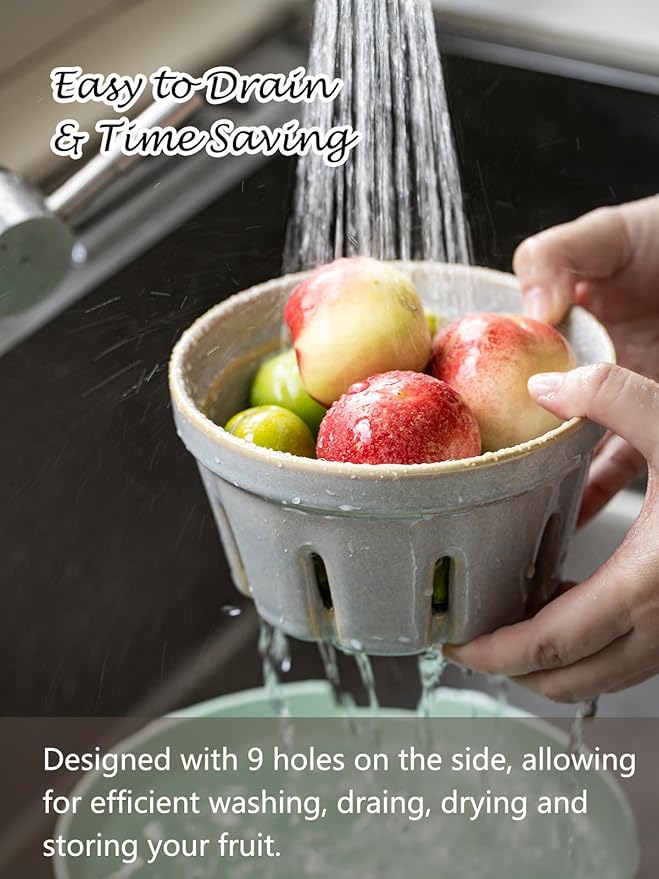 Gomakren Fruit Bowl with Holes, Ceramic Berry Basket Set of 2, 5.8 Inch Round Fruit Storage Containers for Kitchen, Farmhouse Strawberry Basket for Berries, Grape, Cherry, Gray