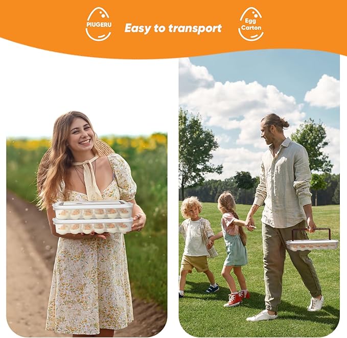 Deviled Egg Containers with Lid, (Set of 2), Plastic Deviled Egg Tray Carrier with Handle for 48 Eggs, Clear Storage Egg Platter for Devil Egg, Fridge Stackable Portable Egg Holder