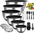 Wildone Mixing Bowls with Airtight Lids, 22 PCS Stainless Steel Nesting Bowls, with 3 Grater Attachments, Scale Marks & Non-Slip Bottom, Size 5, 4, 3, 2,1.5, 0.63QT, Ideal for Mixing & Prepping