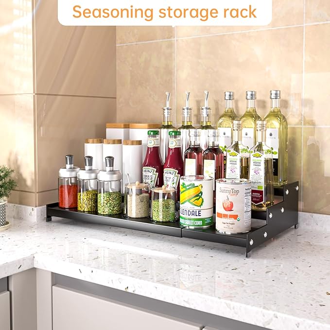 Premium Spice Rack Organizer for Countertops - tiered spice rack organizer for cabinet,spice jars, oil bottles and utensils 2 Pakcs Black (modern rust-resistant design)