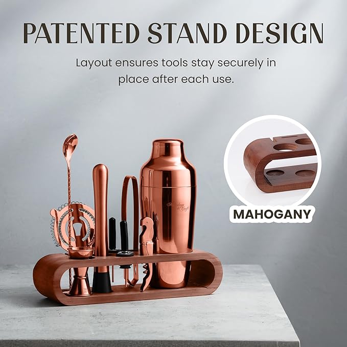Mixology & Craft Bartender Kit: 10-Piece Cocktail Shaker Set with Dark Bamboo Stand | Complete at Home Bar Set with Bar Accessories | Great Housewarming Gift | Leak-Proof Design (Copper)