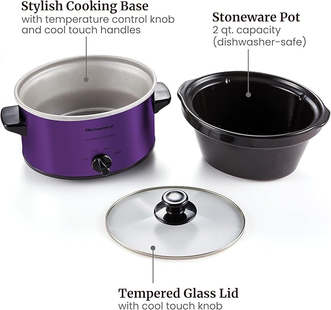 Elite Gourmet MST-275XP Electric Oval Slow Cooker, 2Qt Capacity, Purple