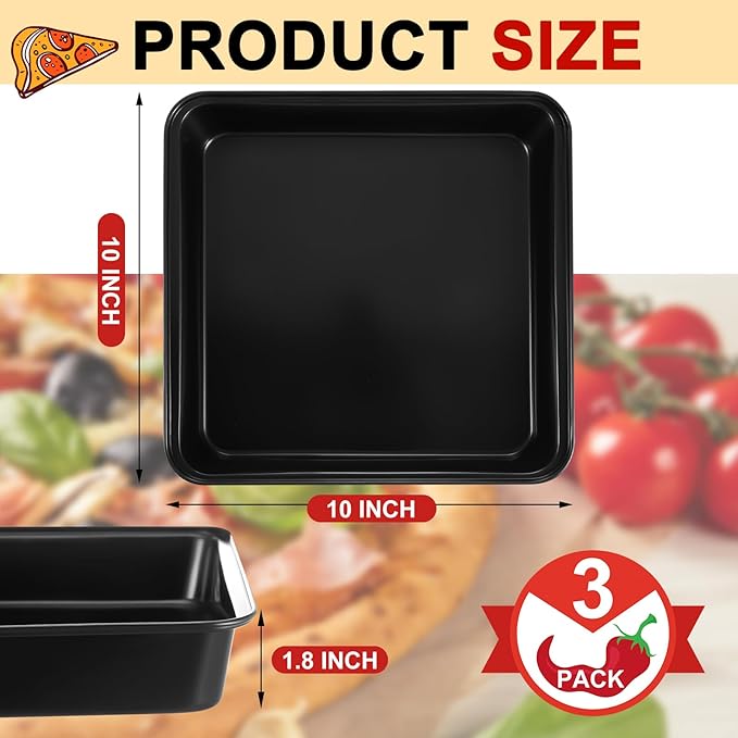 3 Pcs Detroit Style Pizza Pan 10 x 10 x 1.8 in Hard Rectangular Deep Pizza Pans Non Stick Sicilian Style Pizza Pan Dish Pre Seasoned Bakeware Kitchenware