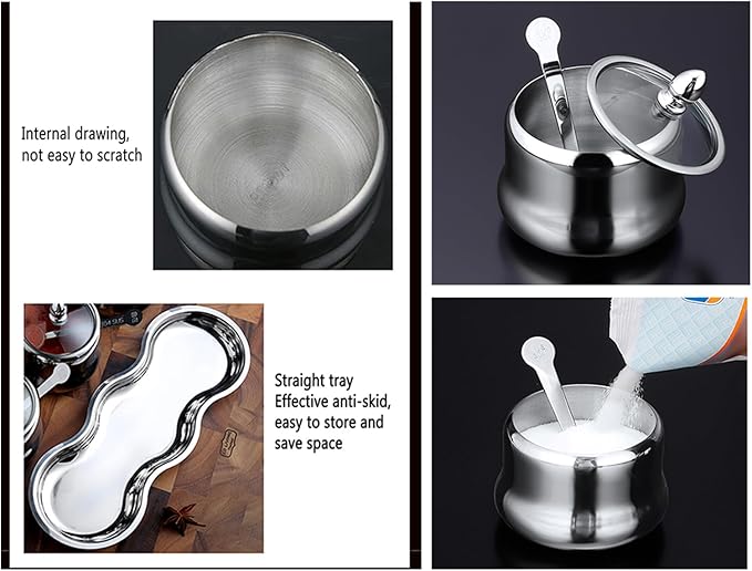 TENTA TENTA KITCHEN 18/8 Stainless Steel Seasoning Box Condiment Jar Set Spice Jar Spice Rack Condiment Cruet Bottle Salt Pepper Sugar Storage Organizers with 3 Serving Spoons (Glass Lids)