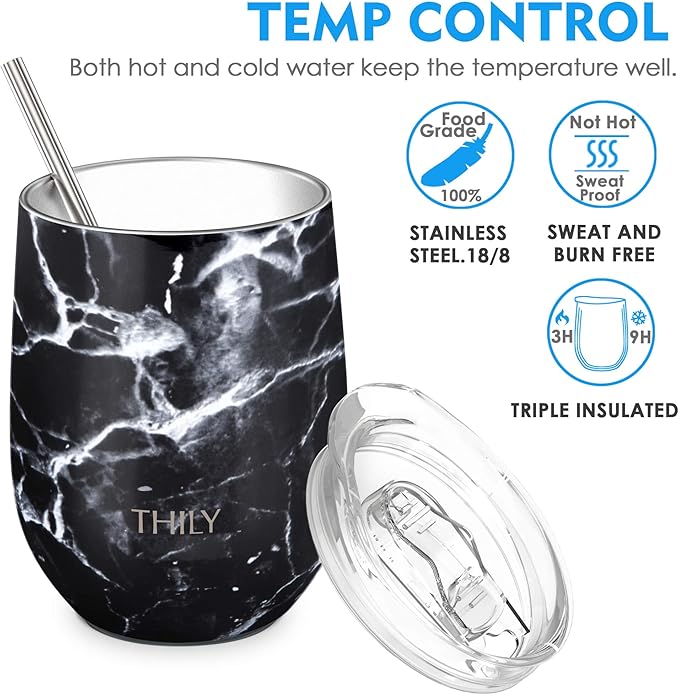 THILY Vacuum Insulated Stemless Wine Tumbler 12 oz Stainless Steel Wine Glass with Lid and Straw, Keep Drinks Cold or Hot, Christmas Birthday Gift, 2 Pack(White Marble + Black Marble)
