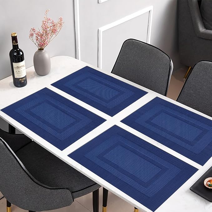 PIGCHCY Placemats,Washable Vinyl Woven Table Mats,Elegant Durable Placemats for Dining Table Set of 4 (18 x 12 inches, Navy Blue)