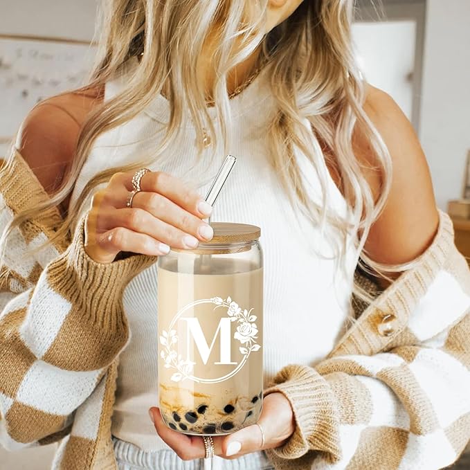 Birthday Gifts for Women, Monogrammed Initial Glass Cup Personalized Gifts for Women, 16oz Glass Cups with Lids and Straws, Iced Coffee Cup, Beer Can Shaped Glass - Gifts for Christmas, Birthday, M