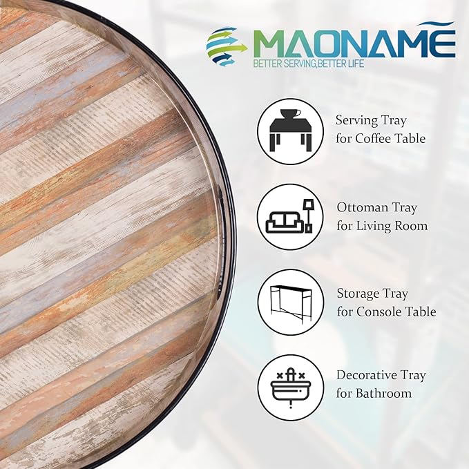 MAONAME 13" Round Decorative Tray, Plastic Tray with Handles, Coffee Table Trays, Serving Trays for Ottoman, Bathroom, Kitchen (Multicolored Wooden Sticker)