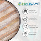 MAONAME 13" Round Decorative Tray, Plastic Tray with Handles, Coffee Table Trays, Serving Trays for Ottoman, Bathroom, Kitchen (Multicolored Wooden Sticker)