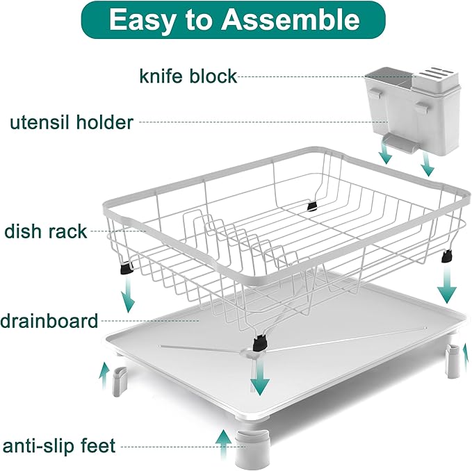 Dish Drying Rack for Kitchen Counter,Space-Saving Dish Rack with Drainboard,Rustproof Countertop Dish Drainer with Utensil Holder for Sink,White