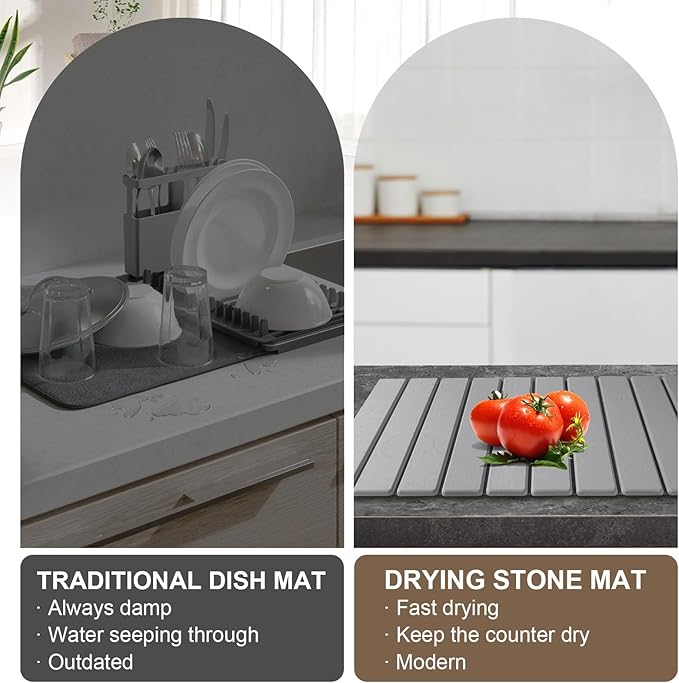 Large Stone Dish Drying Mat for Kitchen Counter – Foldable, Quick Dry, Ultra Absorbent Diatomaceous Earth Mat for Dishes, Bottles, Cups, Countertops & Bathroom, 24"×16" (Gray)