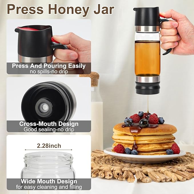 12 Oz Glass Honey Dispenser Pot with Silicone Base No Drip Honey Container Jar, Maple Syrup Dispenser with Handle for Pancake, Coffee or Tea Black