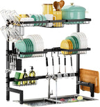 Over The Sink Dish Drying Rack,Expandable Length 3-Tier Large Stainless Steel Over The Sink Dish Rack with 6 Baskets, Utensil Holder Dish Drainers for Kitchen Counter
